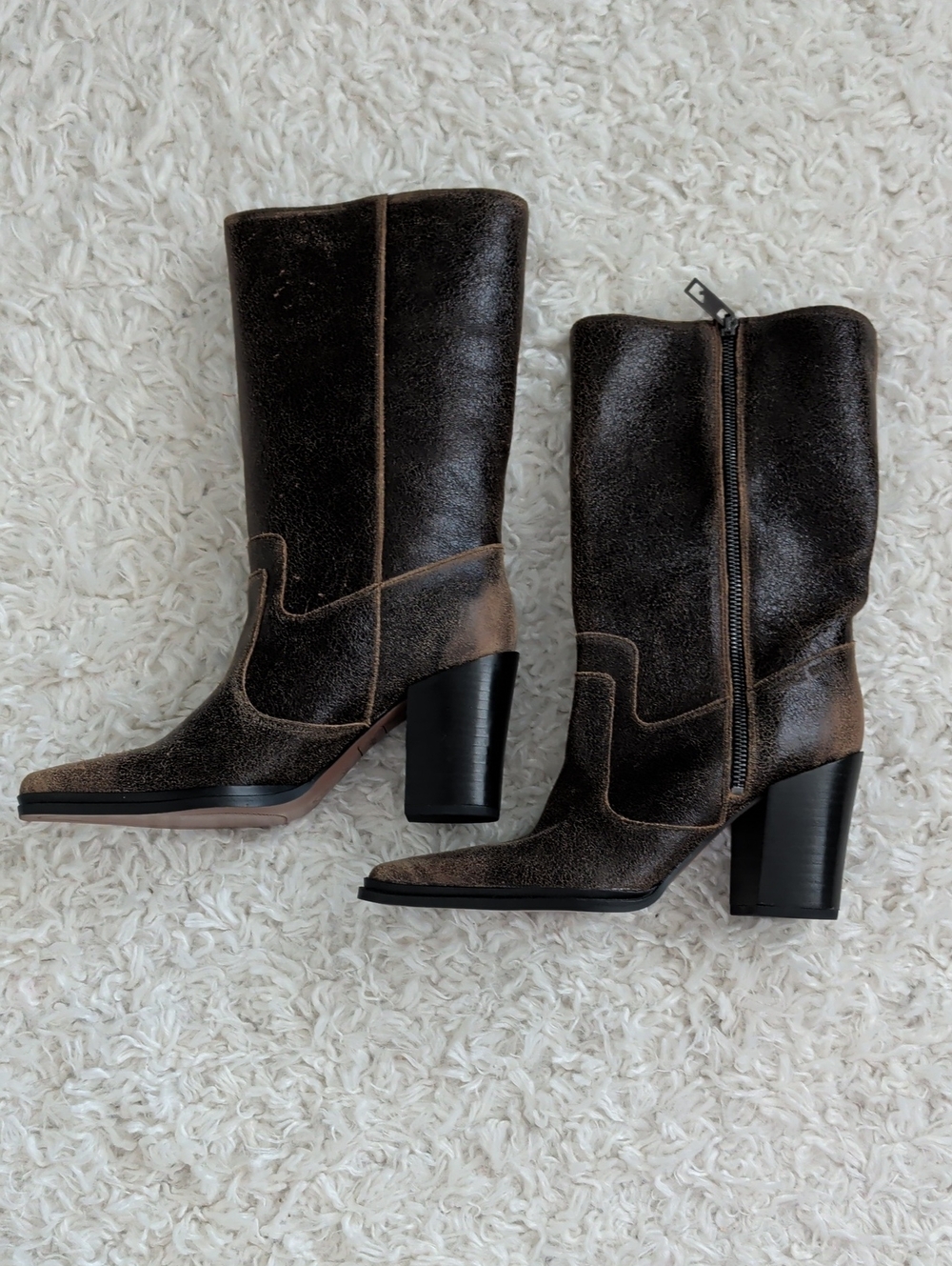 NWOT Franco Sarto Jaxon Brown Distressed Leather Mid-Calf Heeled Boots